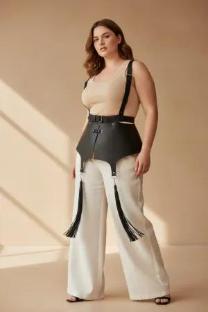 Black Faux Leather Peplum Waist Harness with Tassel Garters Front View