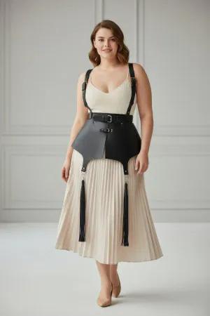 Black Faux Leather Peplum Waist Harness with Tassel Garters Front View