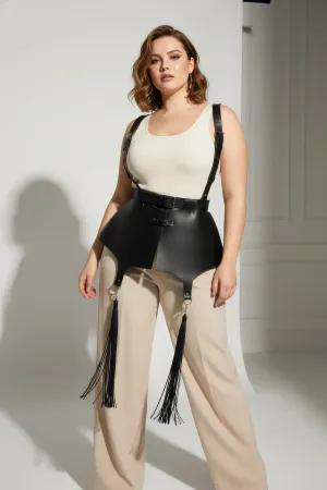 Black Faux Leather Peplum Waist Harness with Tassel Garters Front View