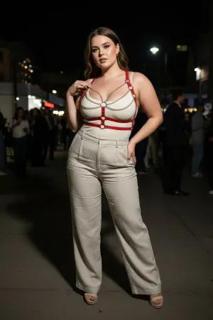 Red Faux Leather Chest Harness with Draped Chains Over White Tank Top