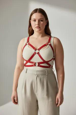 Red Faux Leather Cage Chest Harness O-Ring Adjustable Straps