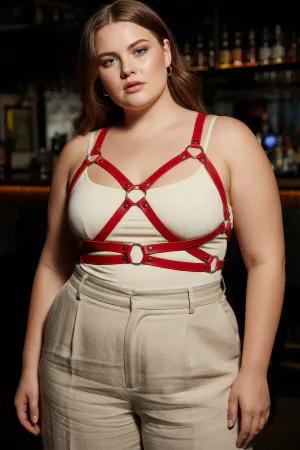 Red Faux Leather Cage Chest Harness O-Ring Adjustable Straps
