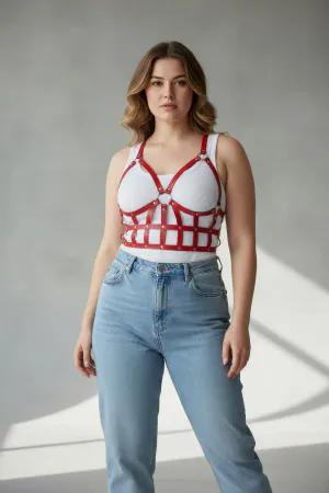Red Caged Faux Leather Bustier Harness Women Adjustable Straps