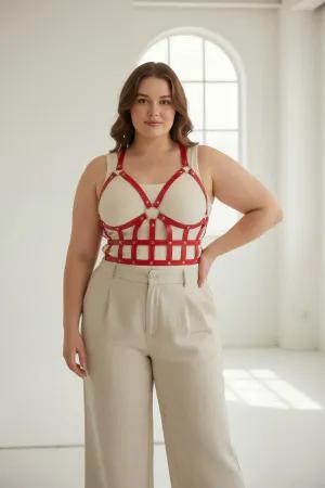 Red Caged Faux Leather Bustier Harness Women Adjustable Straps