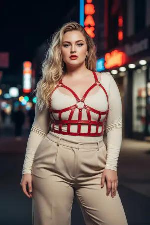 Red Caged Faux Leather Bustier Harness Women Adjustable Straps