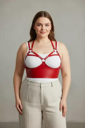 Red Faux Leather Chest Harness Bra with Silver Studs Worn Over White Top