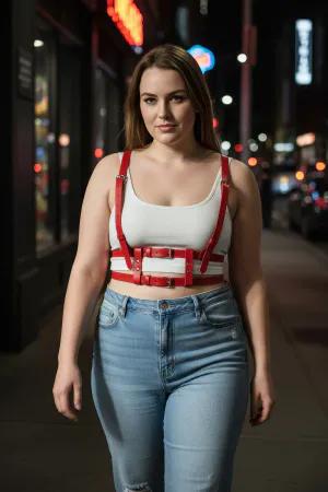 Red Faux Leather Caged Underbust Harness Top worn over white crop top and jeans
