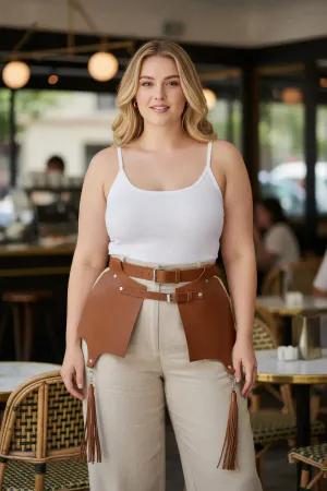 Tan Faux Leather Waist Harness Women Wide Panels Tassels Adjustable Straps