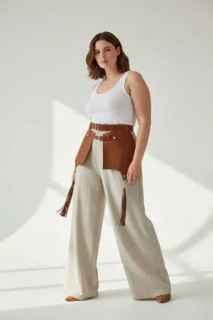 Tan Faux Leather Waist Harness Women Wide Panels Tassels Adjustable Straps