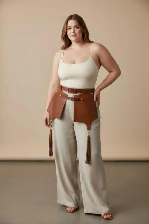 Tan Faux Leather Waist Harness Women Wide Panels Tassels Adjustable Straps