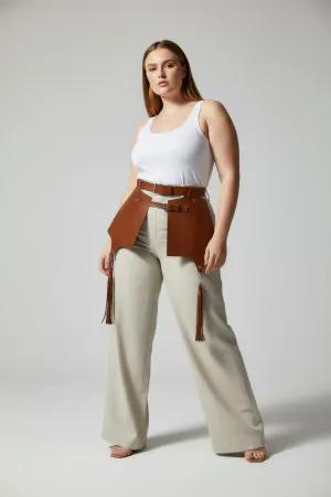Tan Faux Leather Waist Harness Women Wide Panels Tassels Adjustable Straps