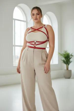 Red Faux Leather Crisscross Body Harness with O-Rings on a Woman