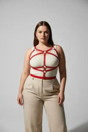 Red Faux Leather Crisscross Body Harness with O-Rings on a Woman