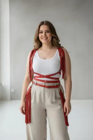 Red Fringed Faux Leather Body Harness with Caged Waist Front View