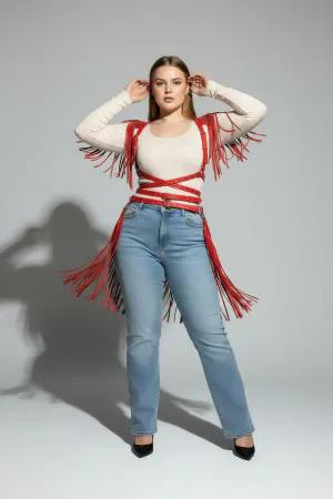 Red Fringed Faux Leather Body Harness with Caged Waist Front View
