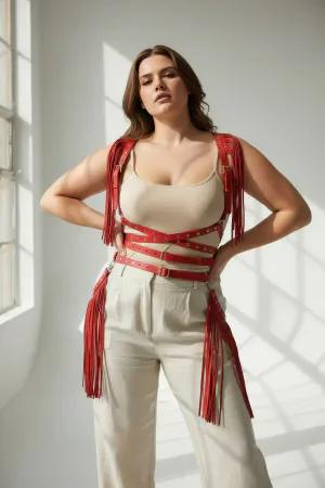 Red Fringed Faux Leather Body Harness with Caged Waist Front View