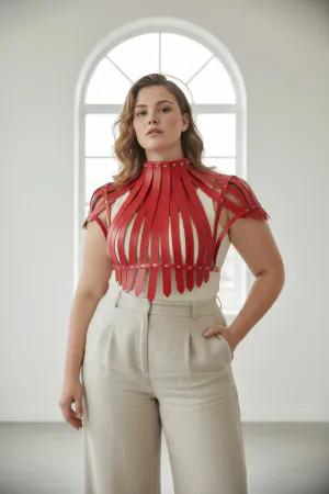 Red Sculptural High-Neck Faux Leather Harness Front View Woman Standing