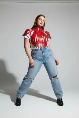Red Sculptural High-Neck Faux Leather Harness Front View Woman Standing