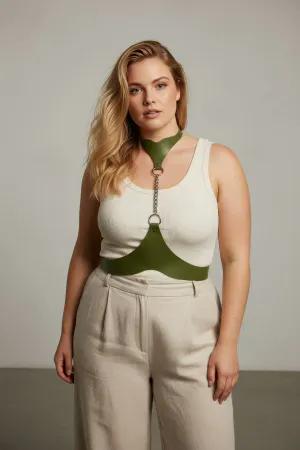 Olive Green Faux Leather Chest Harness Choker Chain Detail Women