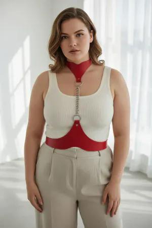 Red Vegan Leather Choker Chain Waist Harness Woman
