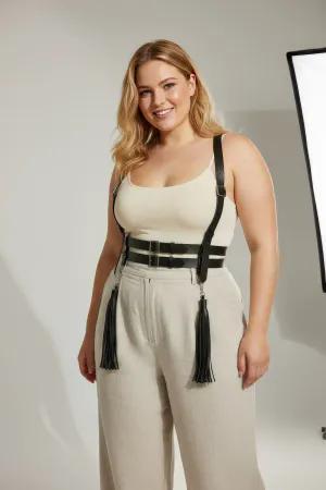 Black Faux Leather Underbust Harness Women Adjustable Straps with 40cm Detachable Chain