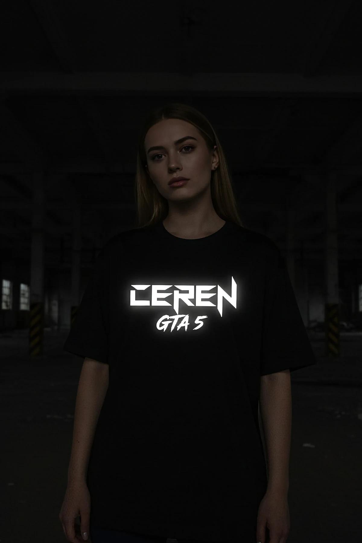 black cotton oversized t-shirt with luminous game-inspired lettering, relaxed fit side view