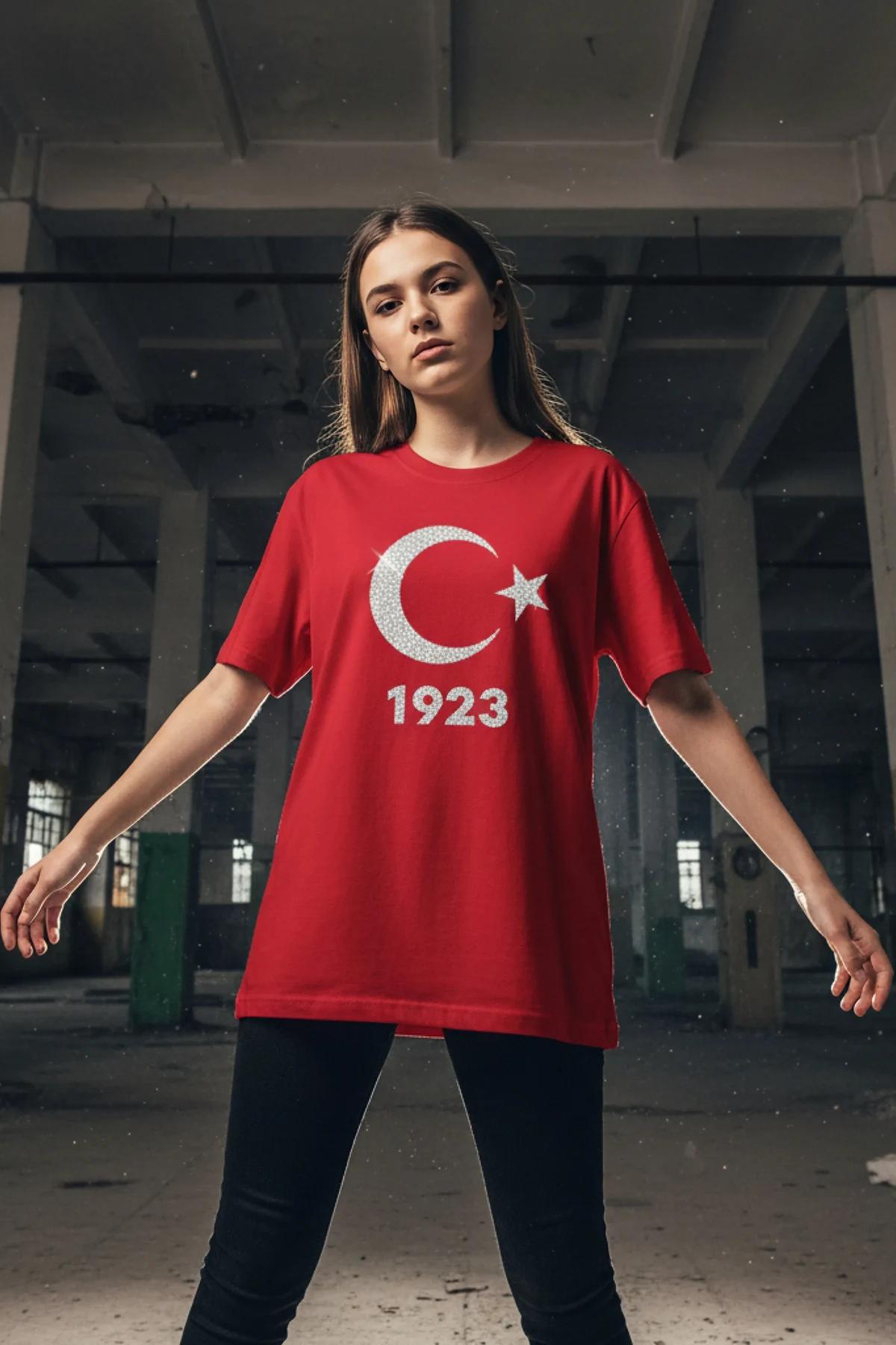 red crystal rhinestone crescent moon star t-shirt with 1923 emblem oversized crew neck