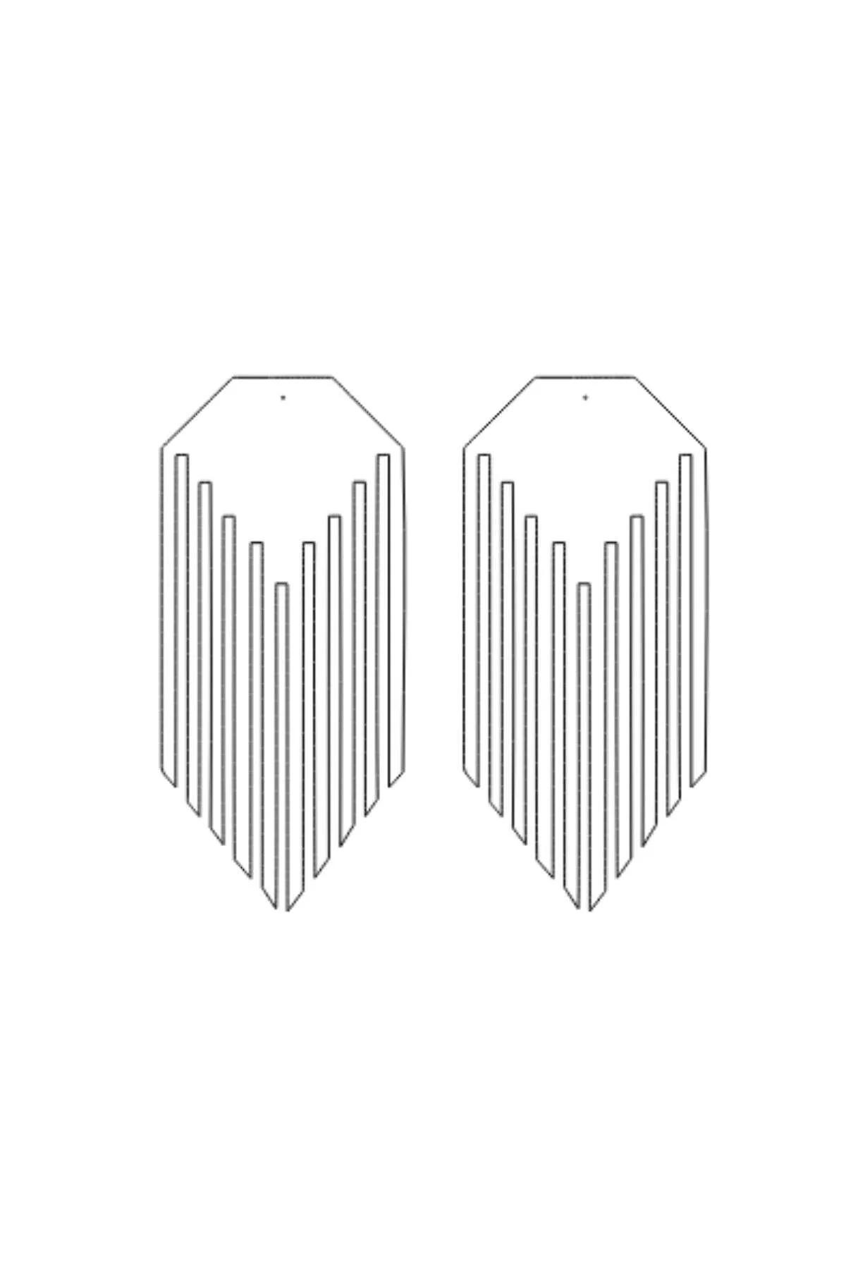 Side profile view of black geometric fringe earring hanging at shoulder length against light background