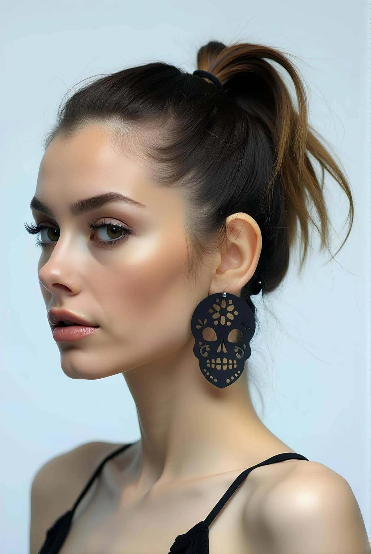 Flat lay of black laser-cut faux leather sugar skull earrings showing front cutwork detail
