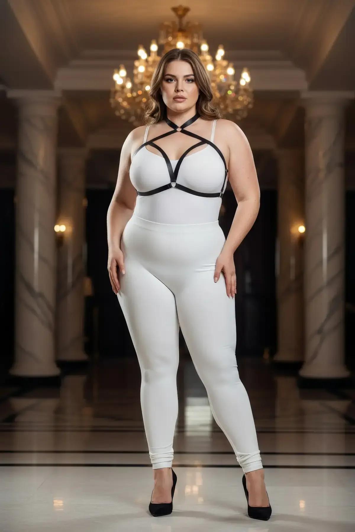 Plus size body cage chest harness in black PU leather with adjustable slider buckle straps