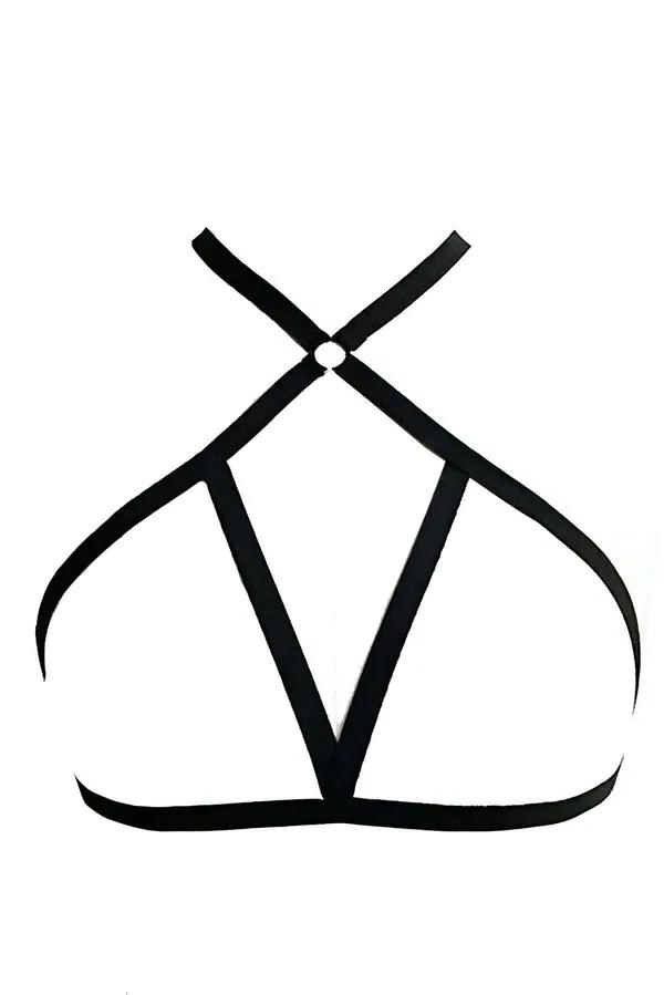 Siyah esnek bantlı O-halka detaylı boyundan bağlı göğüs kafes harness, gümüş metal O-halka merkez detayı