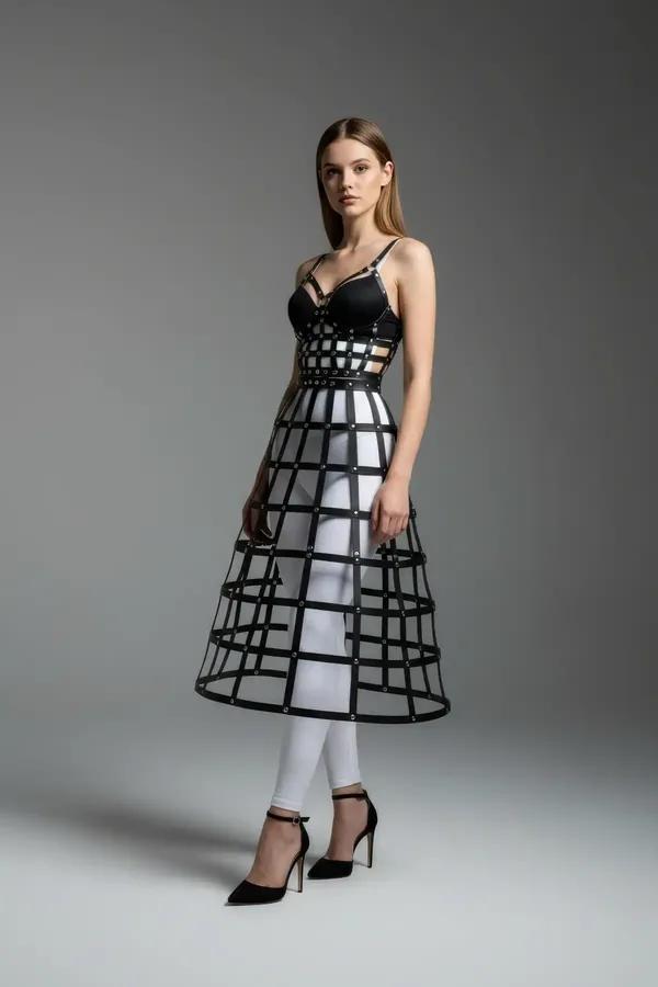 Black faux leather cage skirt with silver rivet hardware and structured midi hoop silhouette, worn over white trousers