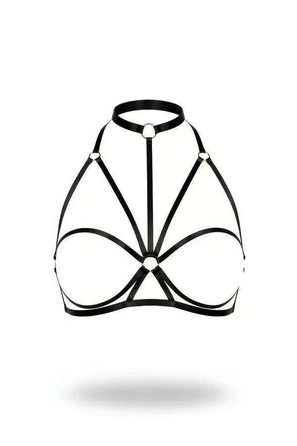 Siyah elastik göğüs harness boyun halkası ve gümüş O-ring bağlantılı geometrik bant yapısı