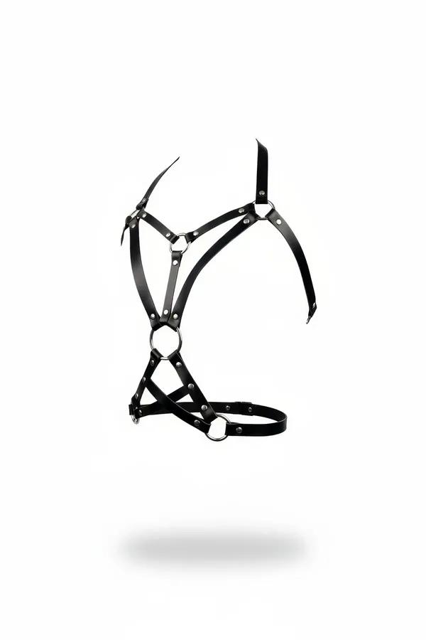 Black faux leather strappy body harness with central silver O-ring and geometric strap cage