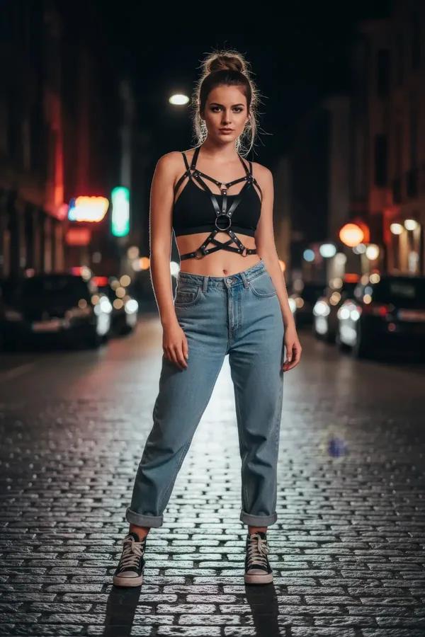 halka detaylı siyah vegan deri vücut harness gümüş O-halka çapraz kayış aksesuarı
