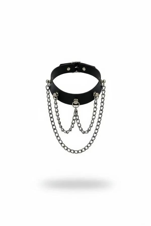 black faux leather choker collar with two draped silver chain layers and center O-ring hardware on white background