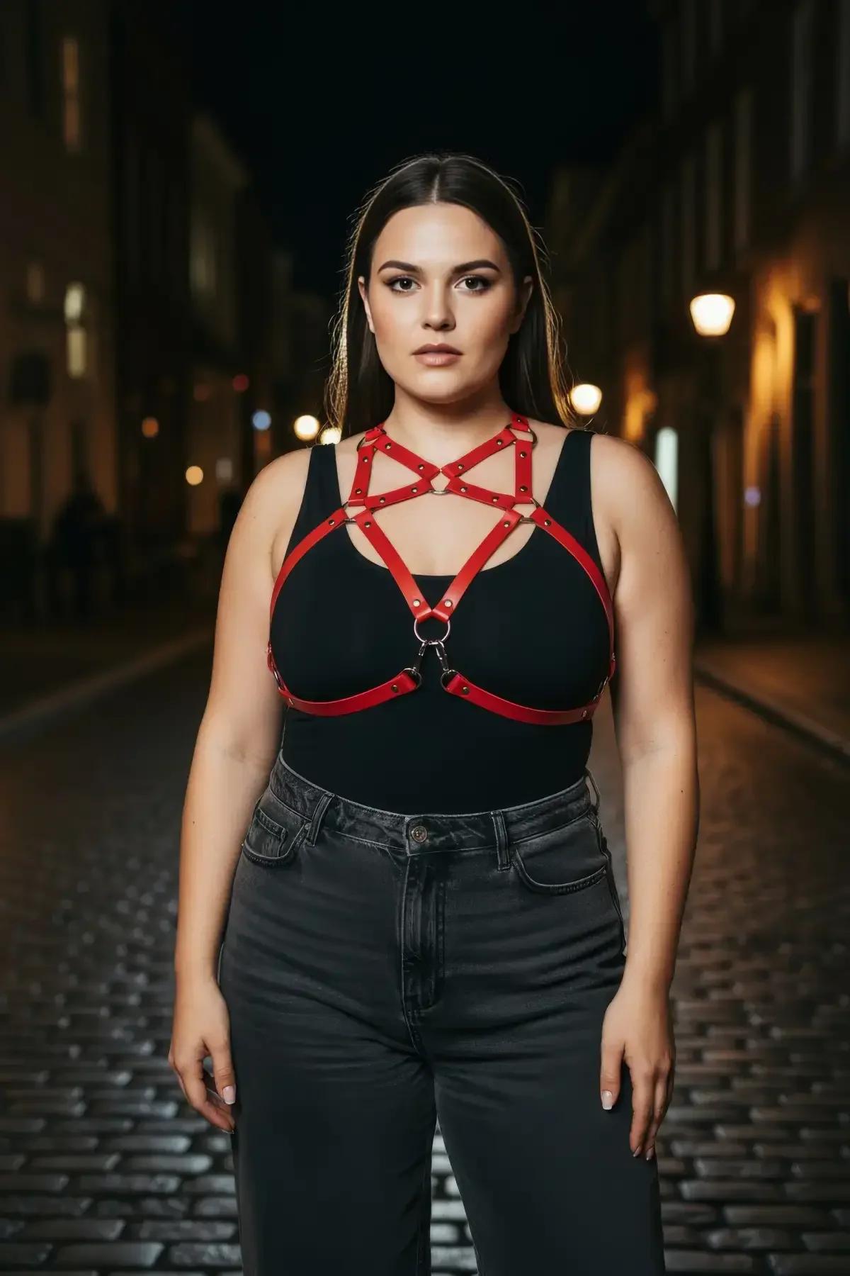 Red chest harness geometric cage pattern detail showing adjustable buckle closures at shoulder and side