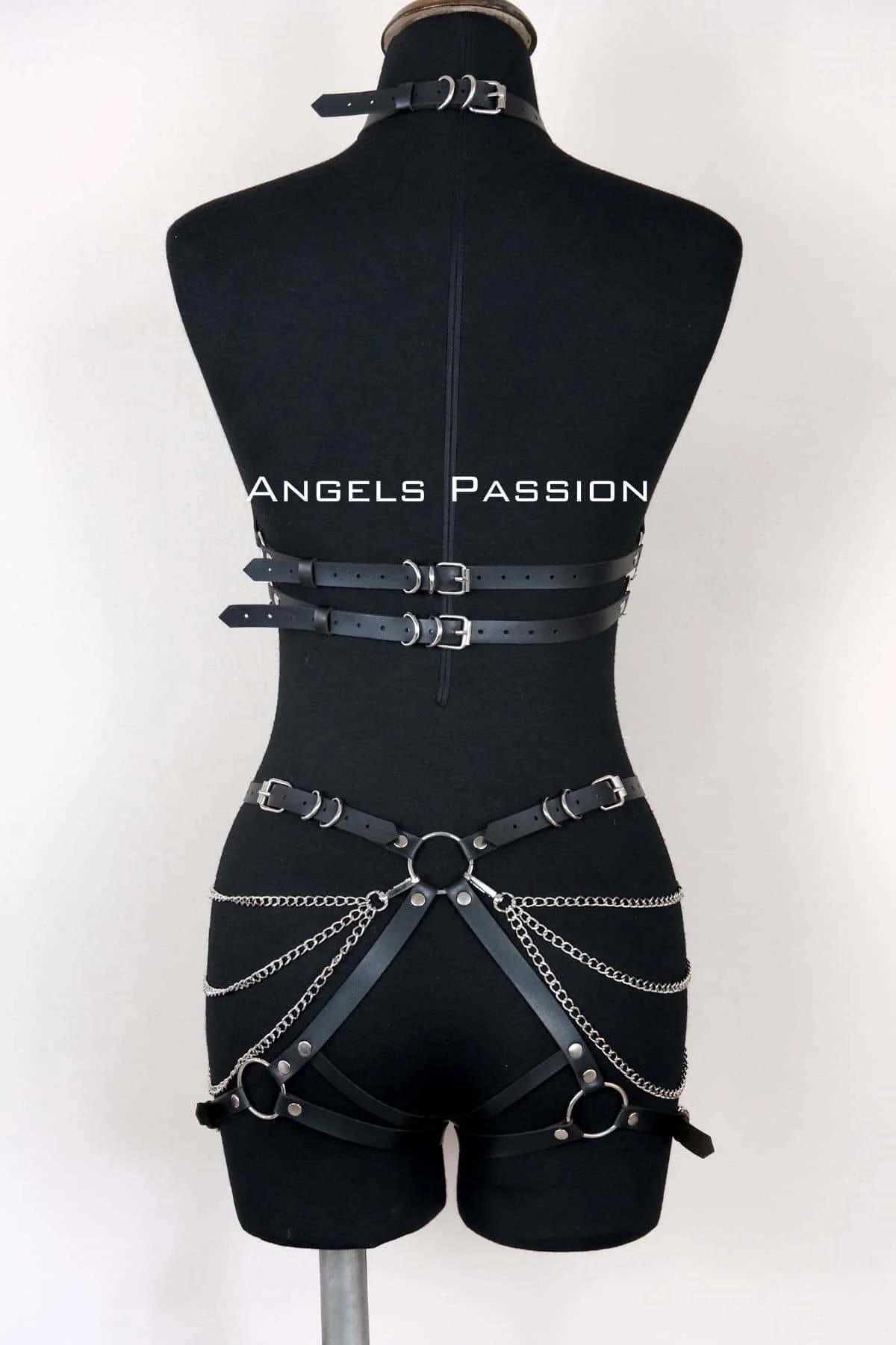 Black faux leather thigh straps with D-ring finishes and outer-leg chain accents