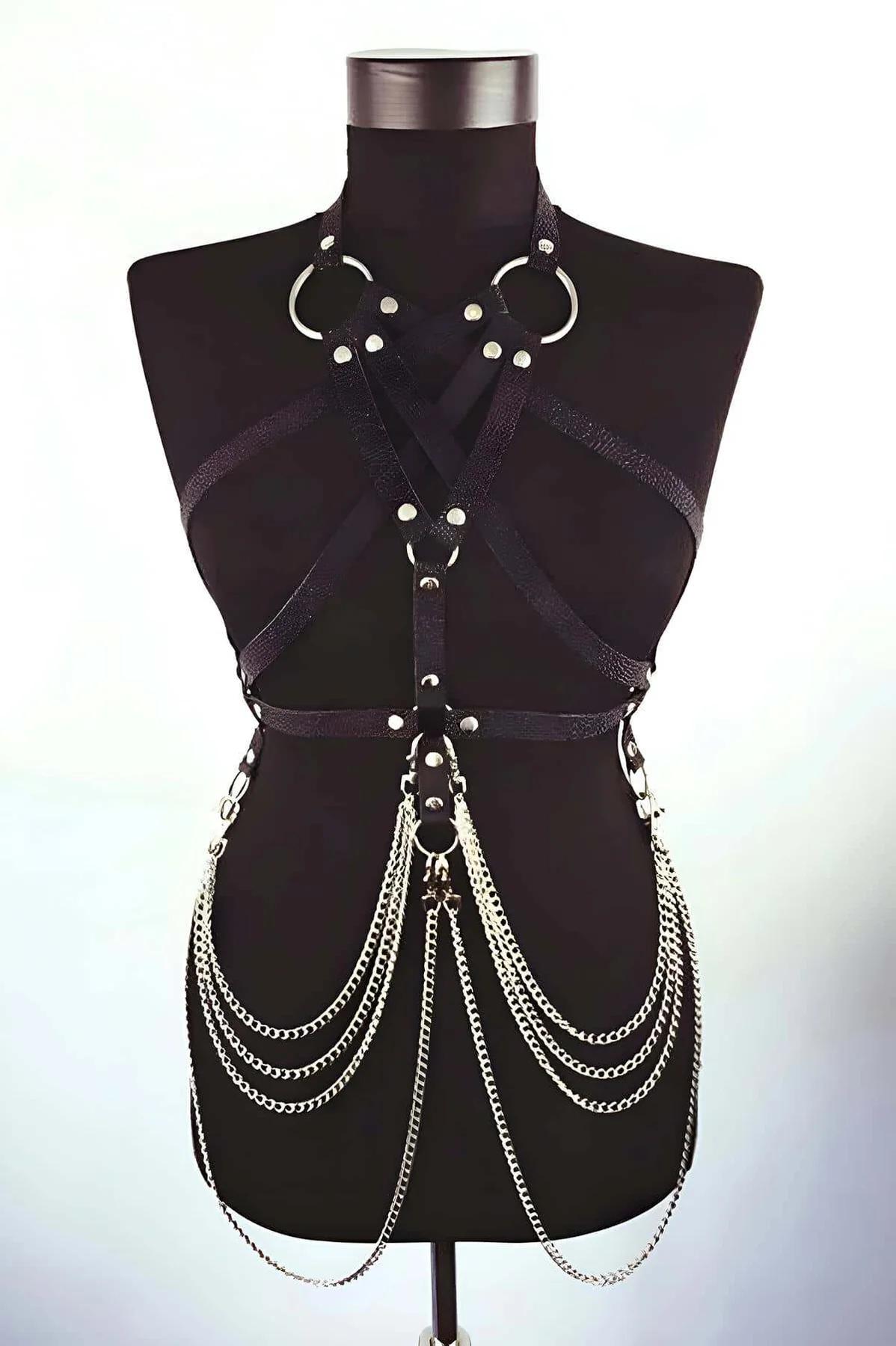 black faux leather full body harness with five-layer silver chain skirt on mannequin front view