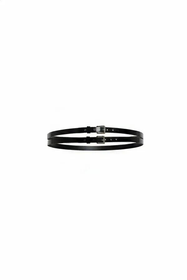 black faux leather double slim strap waist belt with dual silver pin buckles flat lay