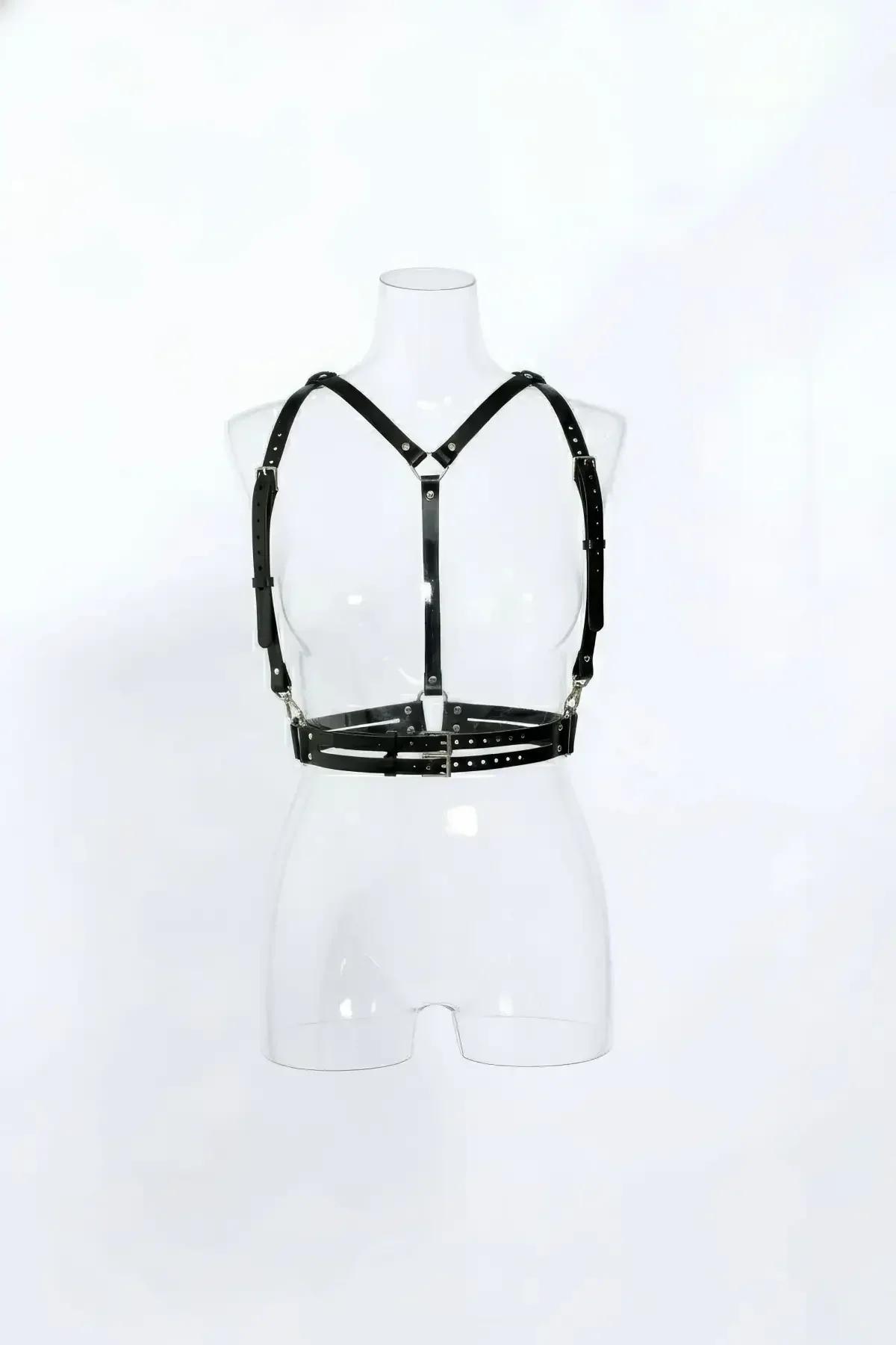 Black faux leather Y-front chest harness with double adjustable underbust bands and silver pin buckles on white mannequin