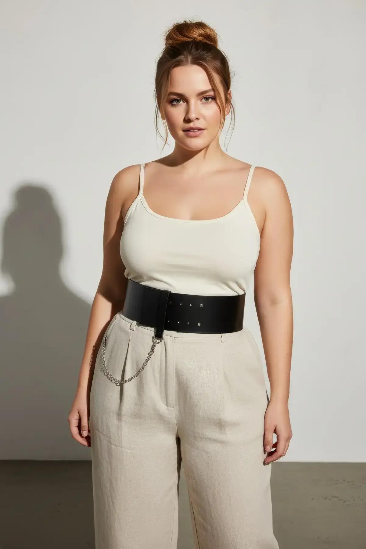 Black faux leather waist cincher styled over white tank and beige trousers in cafe setting