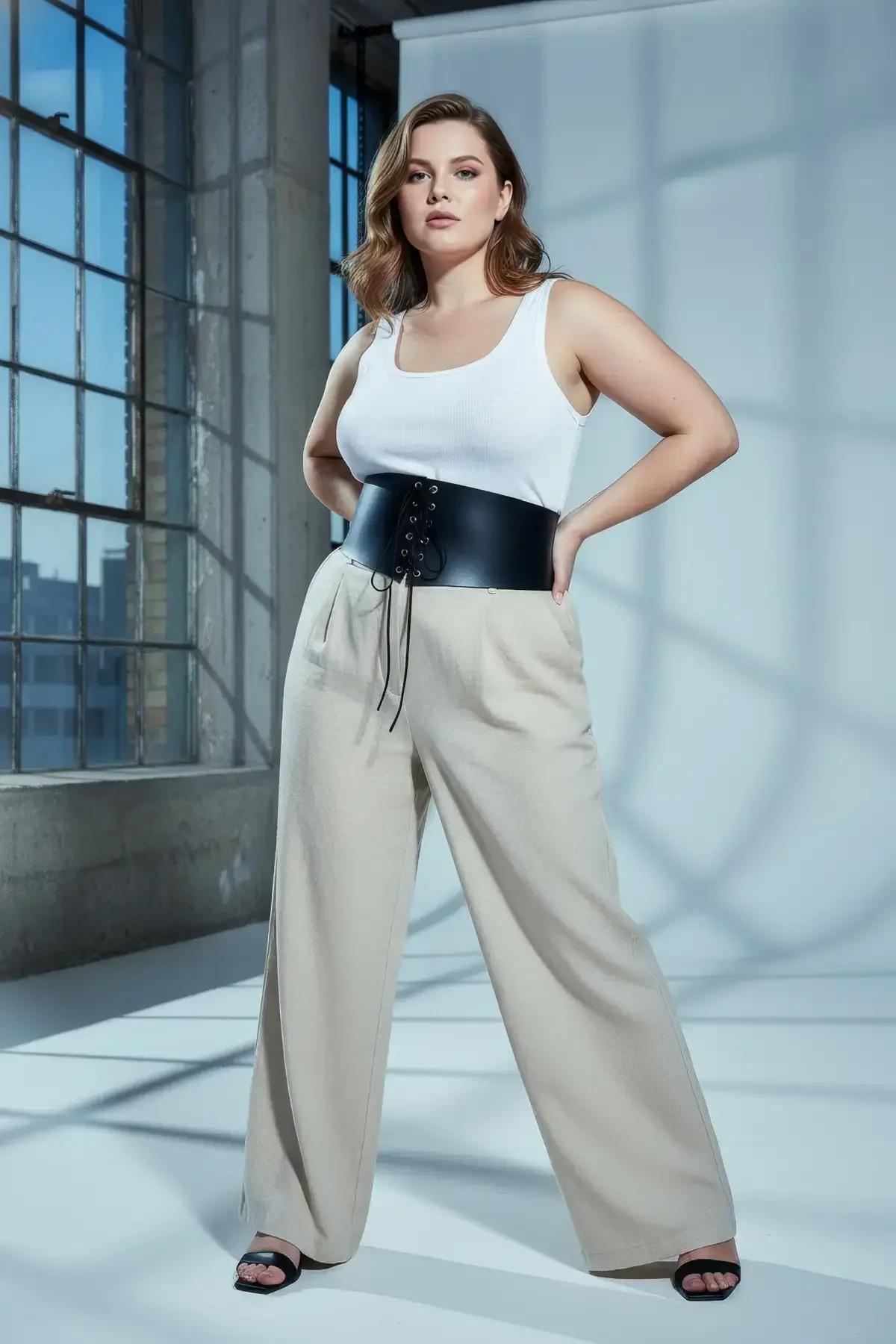 black underbust cincher worn over blouse showing full 15 cm panel height at waist