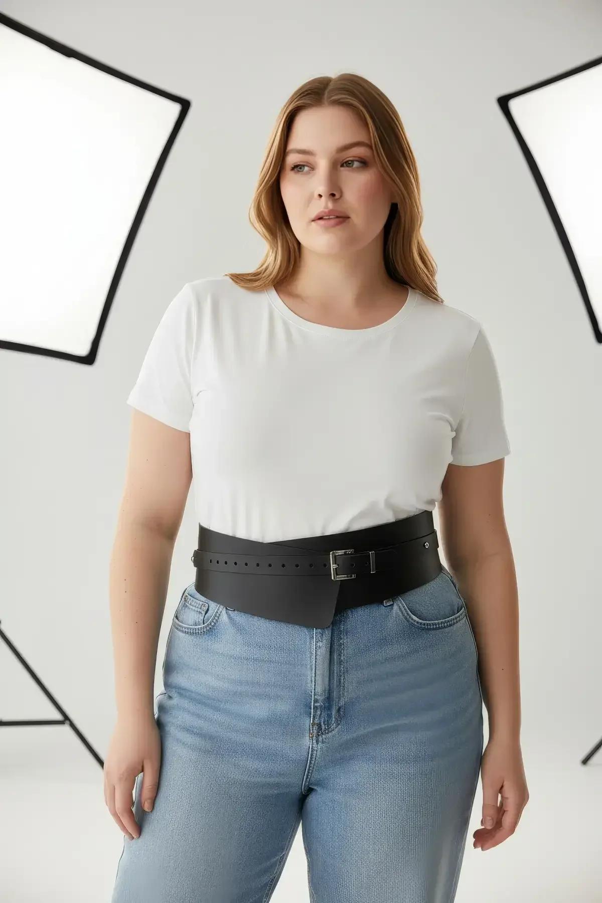 Wide black corset belt adjustable buckle front view showing tapered angular panel