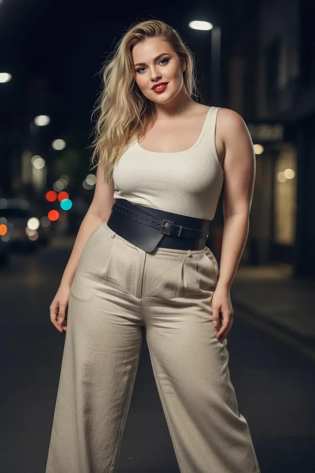 plus-size model wearing wide black corset belt over midi skirt street style outfit
