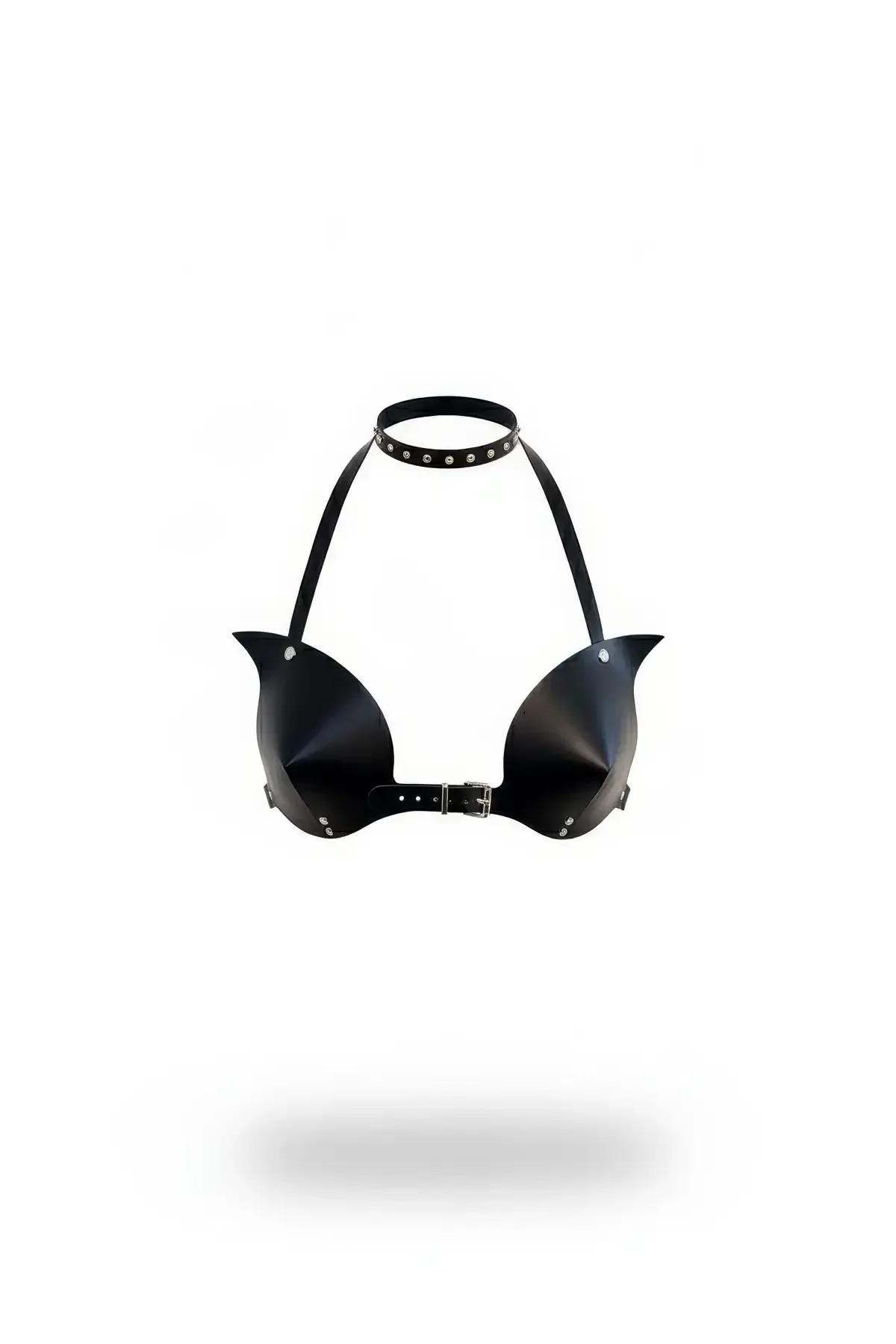 Black matte faux leather spiked cup harness bra with silver dome studs and integrated studded choker halter strap