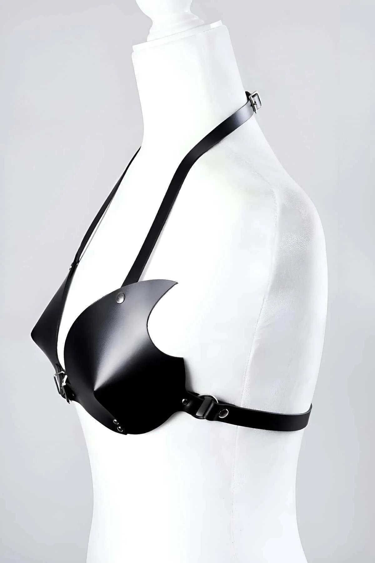 Black faux leather bra harness with adjustable halter strap and coordinating choker neck band