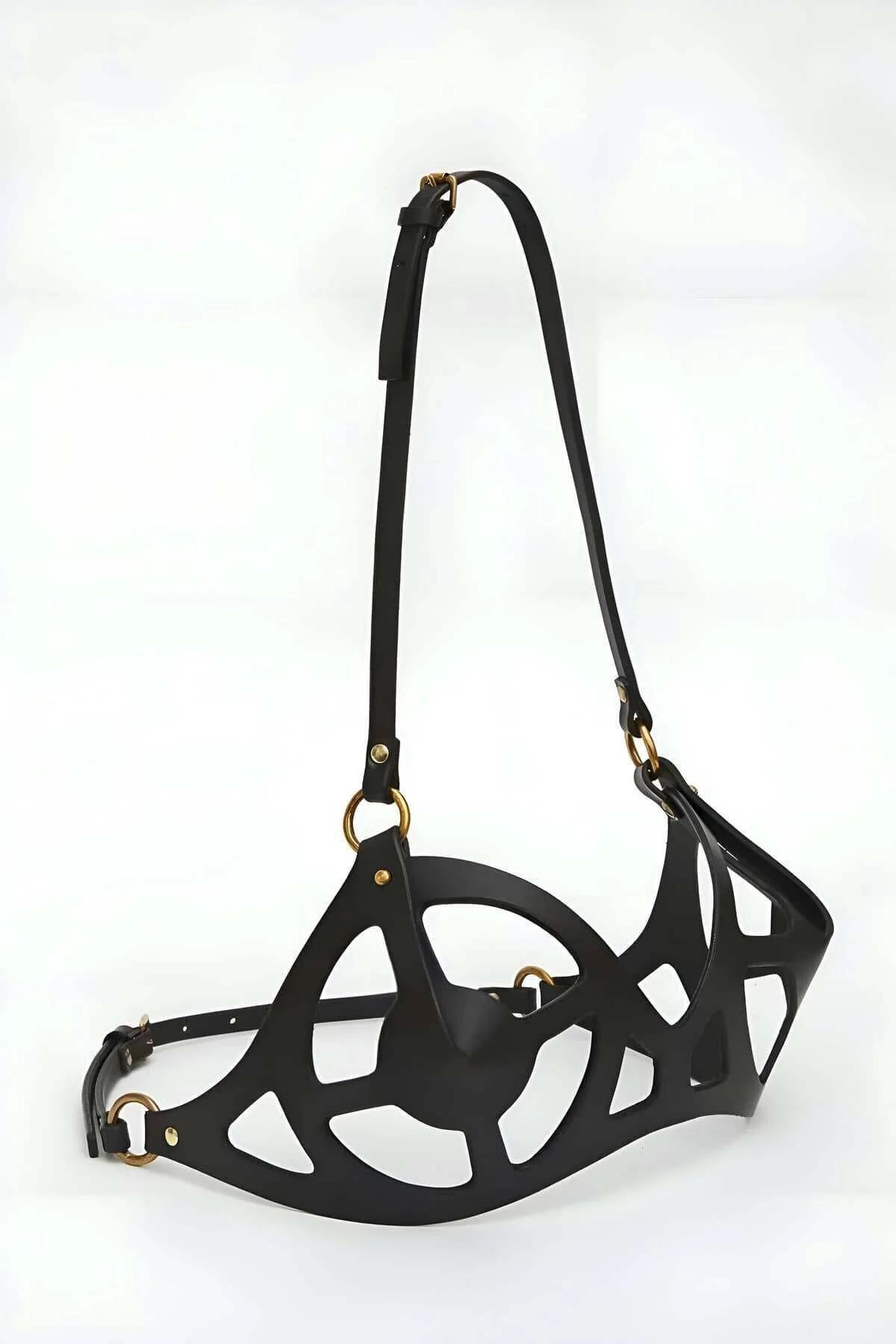 parlak siyah PU deri göğüs harness oval pencereli cage yapısı önden görünüm