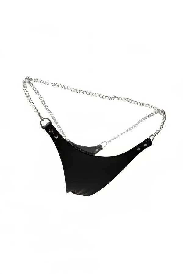 black faux leather chain thong harness with silver-tone double-strand waistband and D-ring rivet hardware