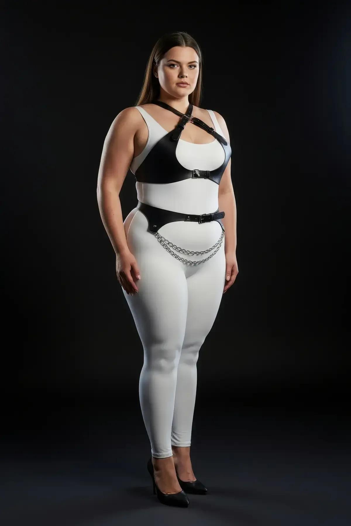 büyük beden harness set bel bandı metal toka ayarlama gümüş zincir aksesuar yan görünüm